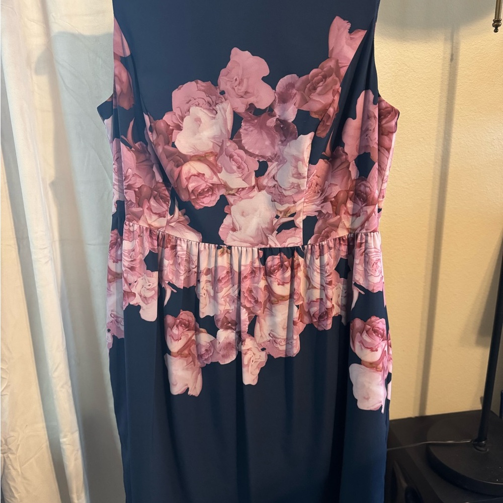Adrianna Papell Floral Dress 18W Navy Pink Sleeveless Fit & Flare Pockets